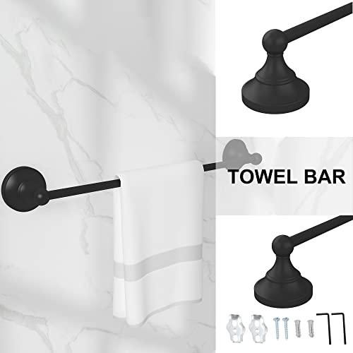 Bathroom Towel Bar Set 5-Piece Black Bathroom Hardware Set Double Towel Bar Toilet Paper Holder Wall Mount Towel Ring Robe Towel Hooks for Bathroom Stainless Steel Bath Accessories Kit Buylikepro