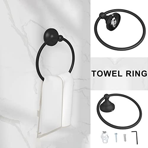 Bathroom Towel Bar Set 5-Piece Black Bathroom Hardware Set Double Towel Bar Toilet Paper Holder Wall Mount Towel Ring Robe Towel Hooks for Bathroom Stainless Steel Bath Accessories Kit Buylikepro