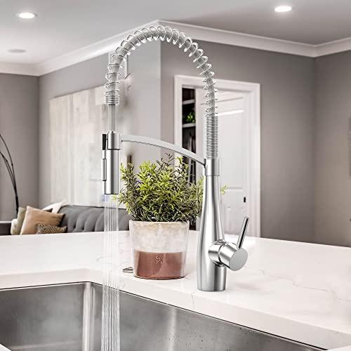 Commercial Kitchen Faucet with Sprayer, Single Handle Pull Down Kitchen Faucet, Modern Spring Kitchen Sink Faucet, Single Hole Stainless Steel Kitchen Faucet Buylikepro
