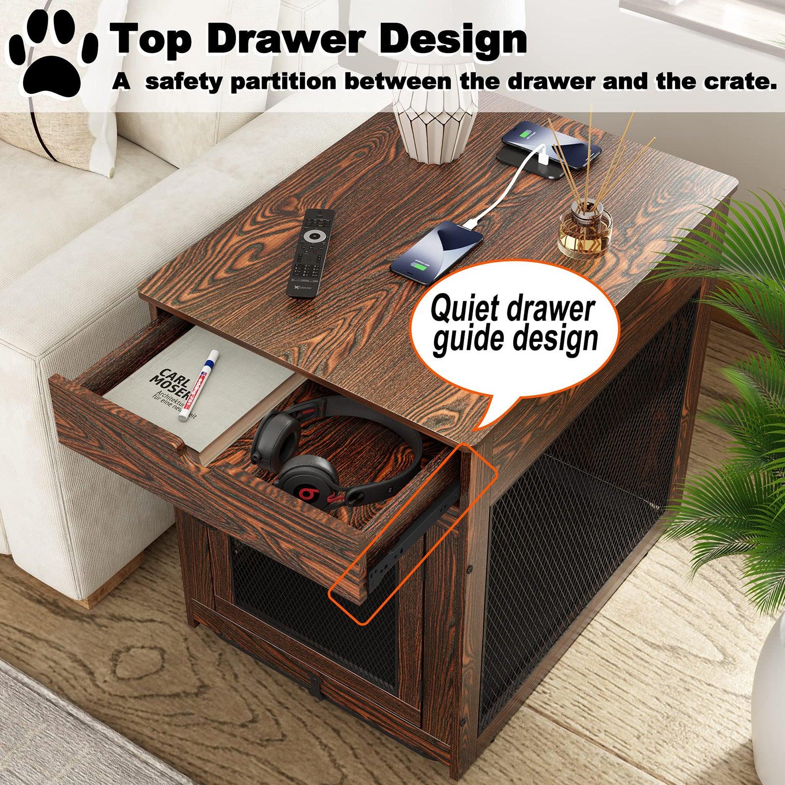 Dog Crate with Storage Drawer Pad Tray, Support Wired/Wireless Charging - Large Buylikepro