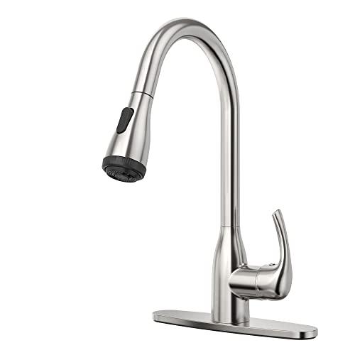 Kitchen Faucet with Pull Down Sprayer Brushed Nickel, 4-Function Single Handle Kitchen Sink Faucet, Modern 3 Hole Solid Brass Kitchen Faucet Buylikepro