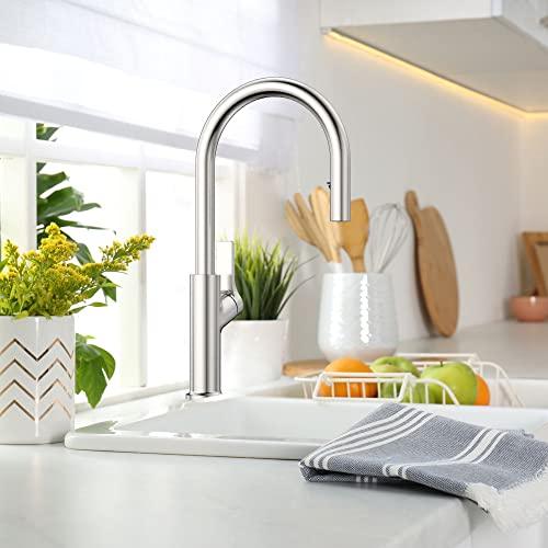 Kitchen Faucet with Pull Down Sprayer, Single Handle Kitchen Sink Faucet, High Arc Brass Kitchen Faucets, Modern Brushed Nickel Kitchen Faucet with Sprayer Buylikepro