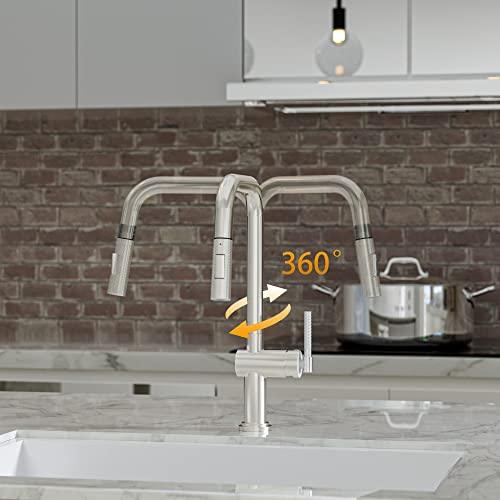 Modern Kitchen Sink Faucet, Stainless Steel Kitchen Faucet with Pull Down Sprayer Commercial Brushed Nickel Kitchen Faucet Single Handle High-Arc Spot-Resistant Buylikepro