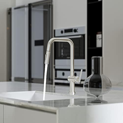 Modern Kitchen Sink Faucet, Stainless Steel Kitchen Faucet with Pull Down Sprayer Commercial Brushed Nickel Kitchen Faucet Single Handle High-Arc Spot-Resistant Buylikepro