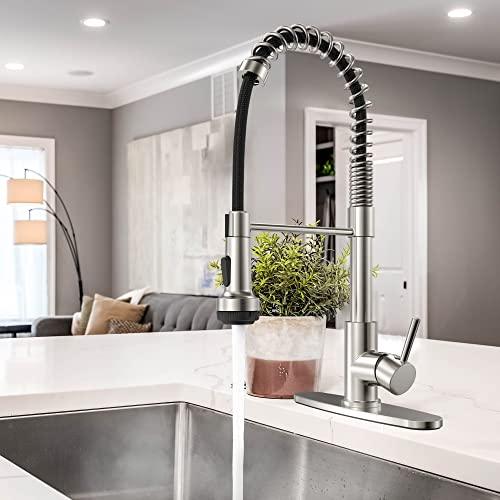 Pull Down Kitchen Faucet Brushed Nickel, 4-Function Single Handle Kitchen Sink Faucet, 3 Hole Kitchen Faucet with Sprayer, Modern Stainless Steel Faucet for Kitchen Sink Buylikepro
