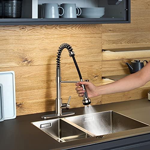 Pull Down Kitchen Faucet Brushed Nickel, 4-Function Single Handle Kitchen Sink Faucet, 3 Hole Kitchen Faucet with Sprayer, Modern Stainless Steel Faucet for Kitchen Sink Buylikepro