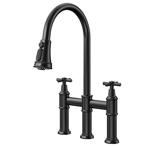 Transitional Bridge Kitchen Faucet with Pull-Down Sprayhead Solid Stainless Steel Kitchen Sink Faucet, 3 Hole 2 Handle Spot-Resistant Faucet for Kitchen Sink Buylikepro