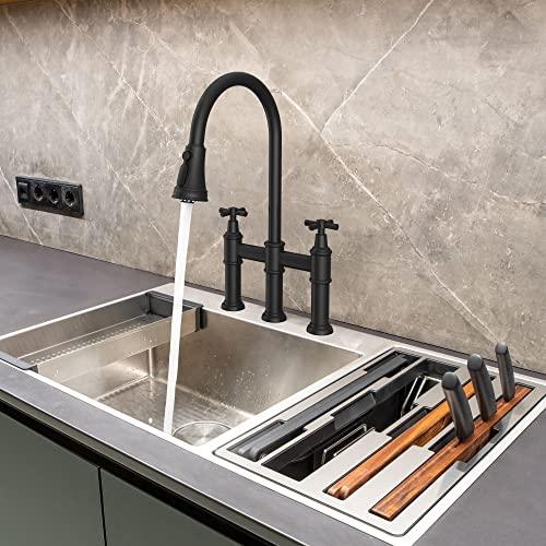 Transitional Bridge Kitchen Faucet with Pull-Down Sprayhead Solid Stainless Steel Kitchen Sink Faucet, 3 Hole 2 Handle Spot-Resistant Faucet for Kitchen Sink Buylikepro