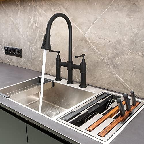 Transitional Bridge Kitchen Faucet with Pull-Down Sprayhead Solid Stainless Steel Kitchen Sink Faucet, 3 Hole 2 Handle Spot-Resistant Faucet for Kitchen Sink Buylikepro