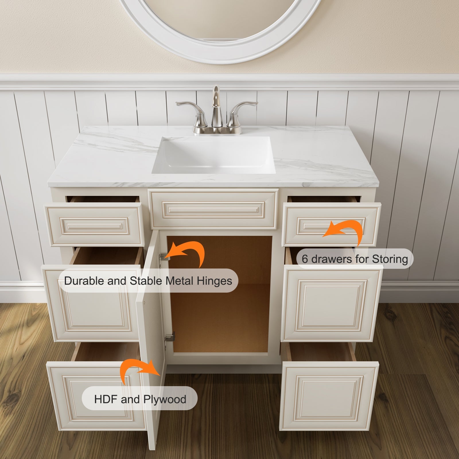 21"D Birch Solid Wood X 42"W X 34-1/2"H Bath Vanity Double Drawer Cabinet without Top VDDB42