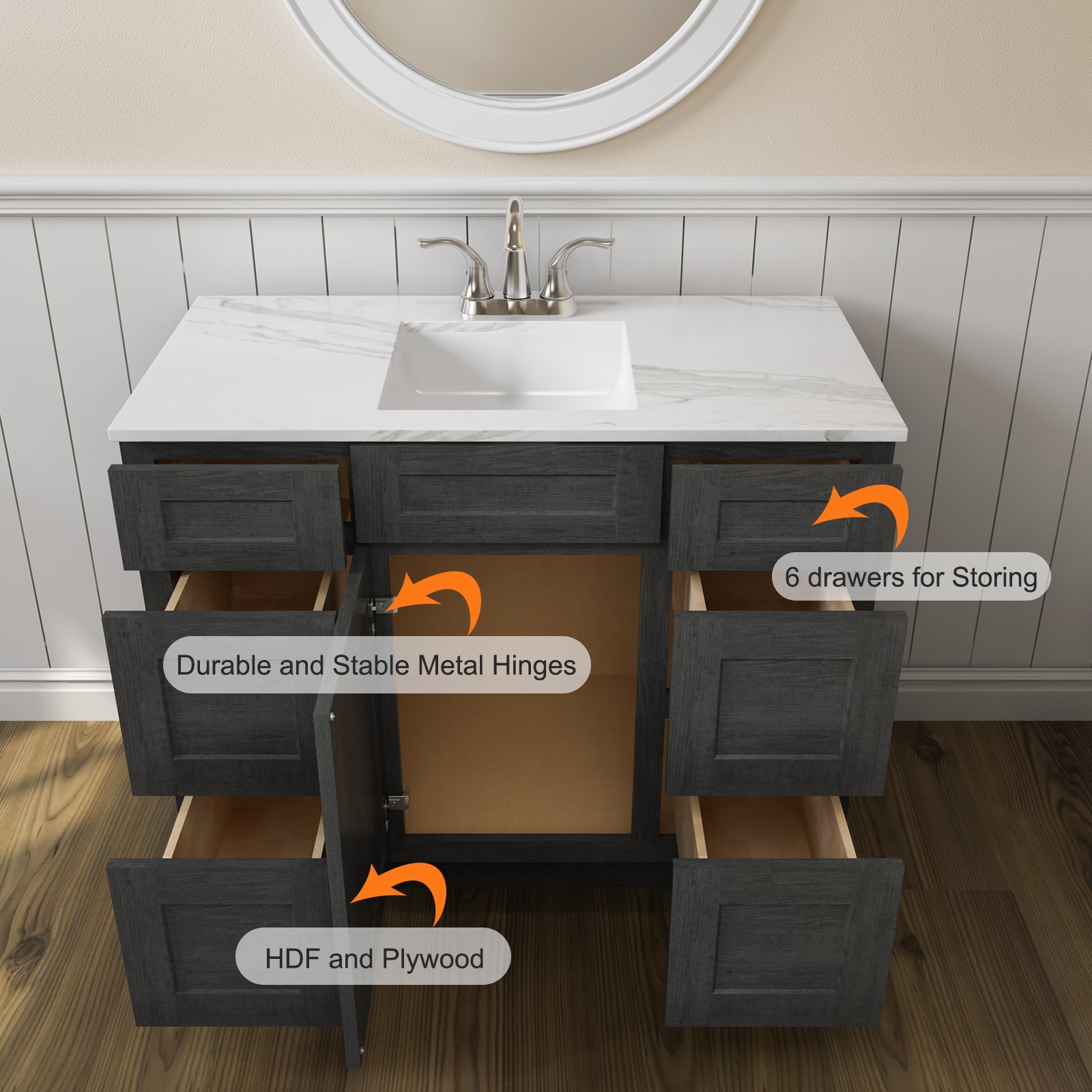 21"D Birch Solid Wood X 42"W X 34-1/2"H Bath Vanity Double Drawer Cabinet without Top VDDB42