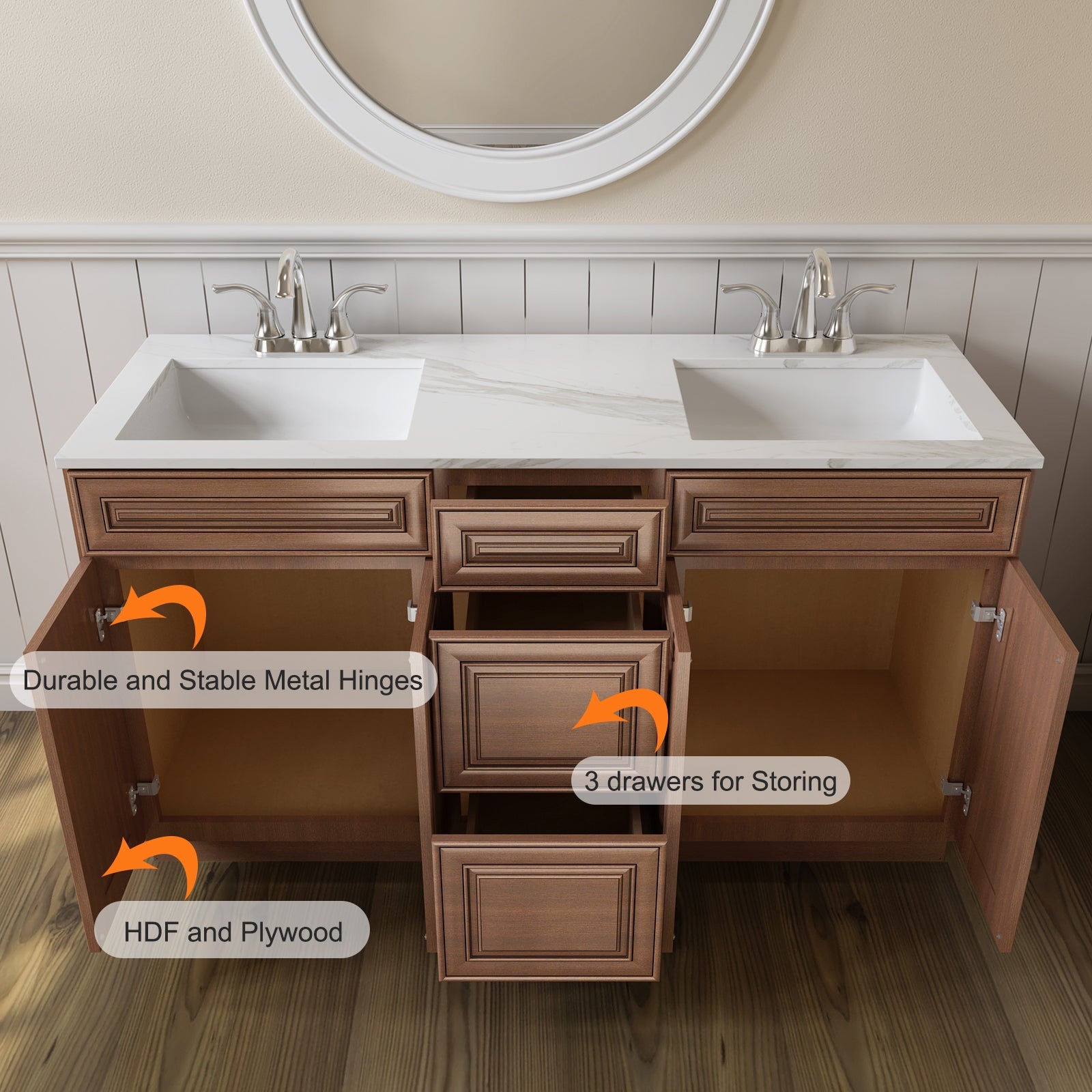 21"D Birch Solid Wood X 60"W X 34-1/2"H Vanity Sink Drawer Cabinet Wthout Top VSDB60