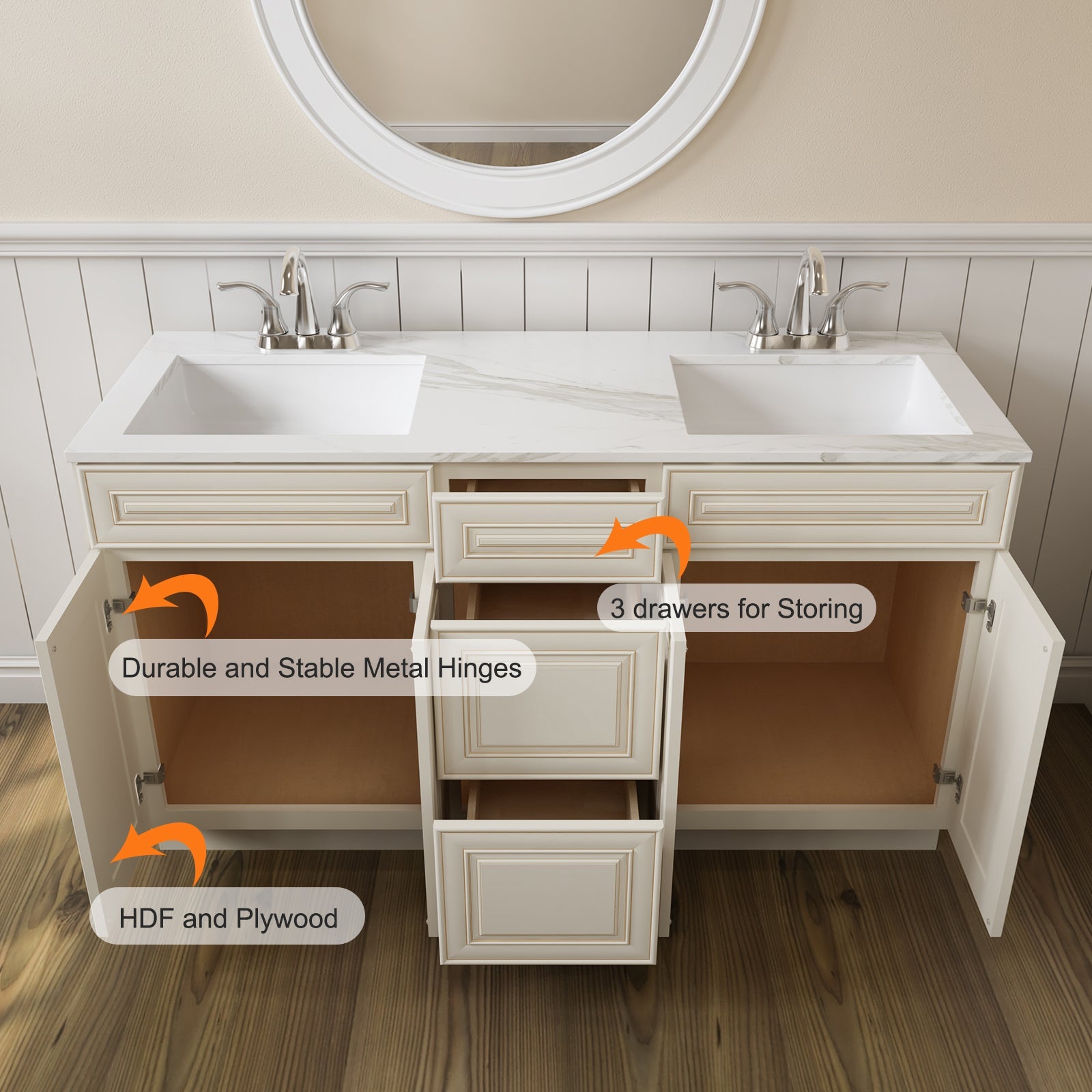 21"D Birch Solid Wood X 60"W X 34-1/2"H Vanity Sink Drawer Cabinet Wthout Top VSDB60