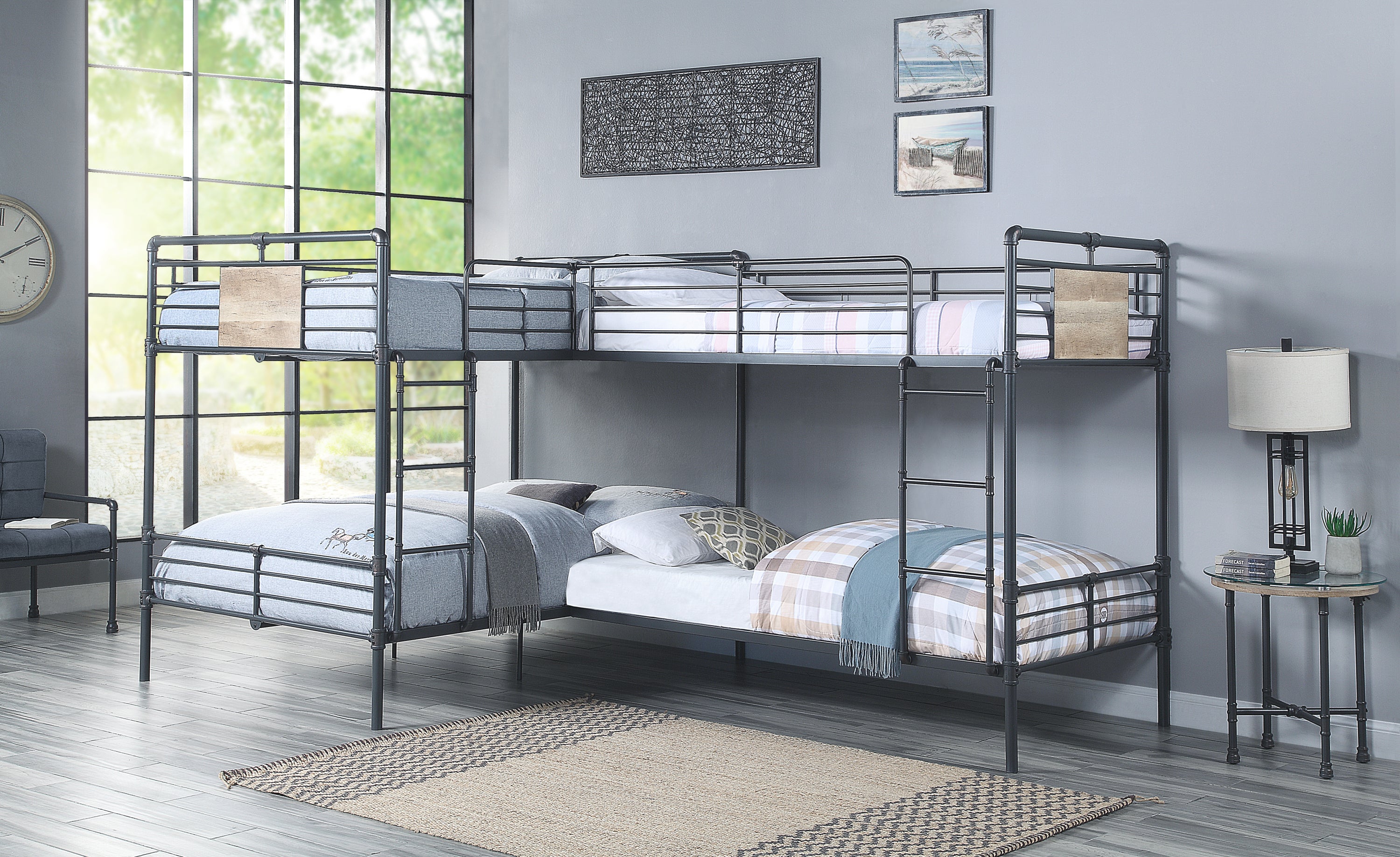 Cordelia Twin/Full L Shape Bunk Bed in Sandy Black, Dark Bronze Hand-Brushed Finish BD00365