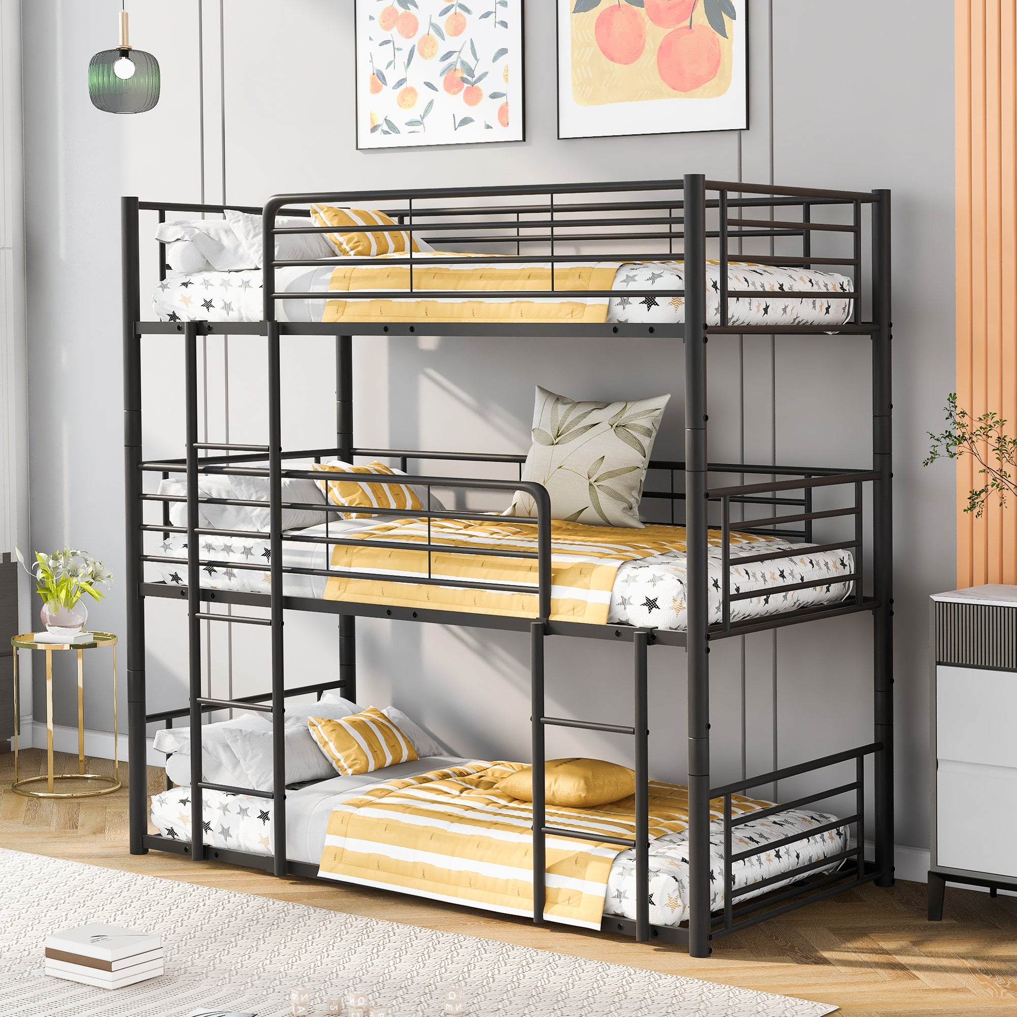 Twin-Twin-Twin Triple Bed with Built-in Ladder, Divided into Three Separate Beds,Black(OLD SKU:LP000197AAB)