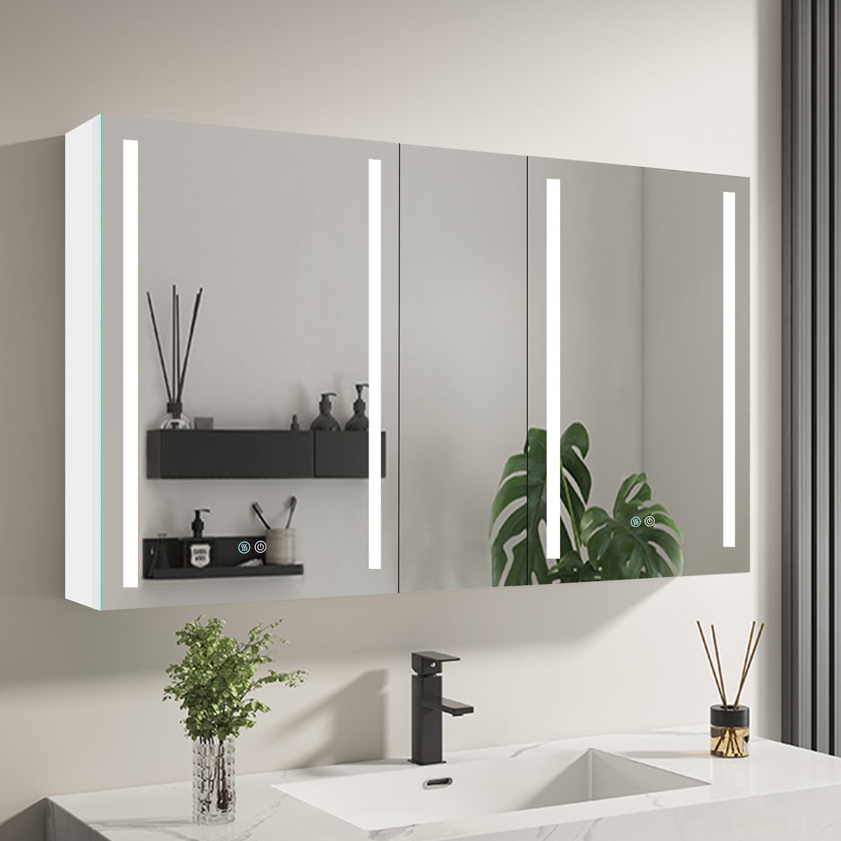 50x30 Inch LED Bathroom Medicine Cabinet Surface Mount Double Door Lighted Medicine Cabinet, Medicine Cabinets for Bathroom with Mirror Defogging, Dimmer White